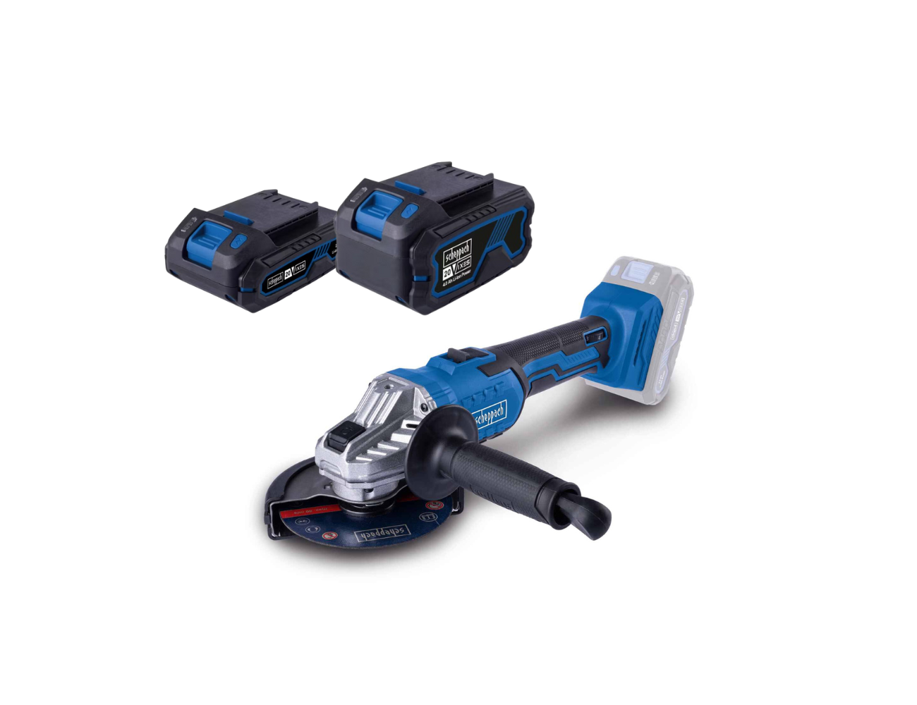 Scheppach Akku-Winkelschleifer-Set mit zwei Akkus und Ladegerät.